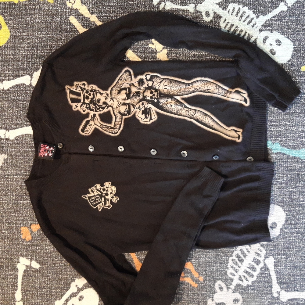 Lucky13 Cotton Cardigan Sz Small, Pinup and Skull and Crossbones